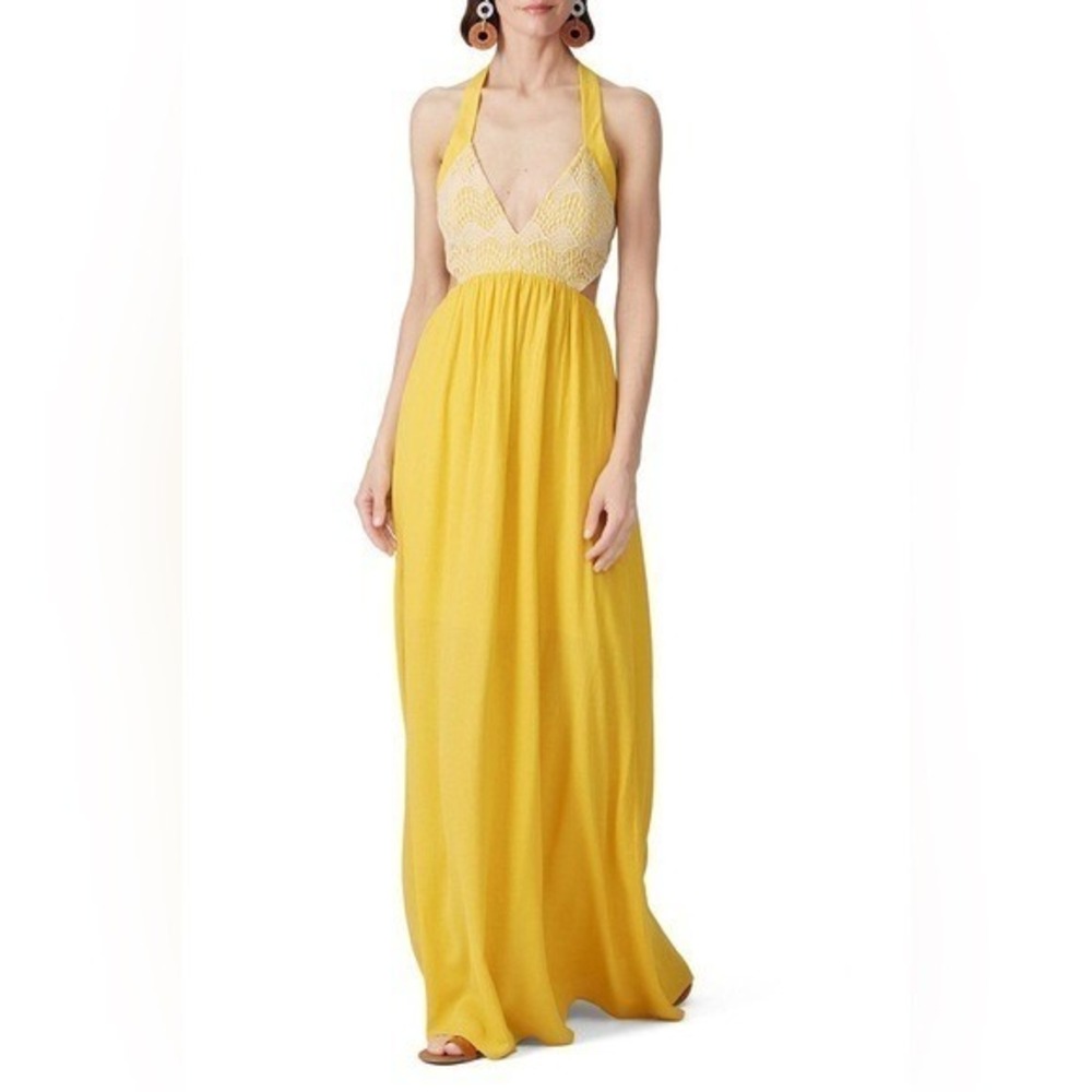 Louna Maxi Dress Size M Yellow Lace Top Open Back Boho V-Neck Elastic Waist USA‎